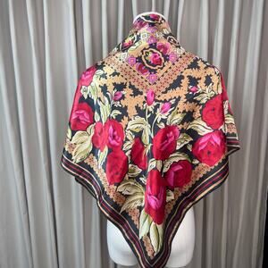 Vintage European Silk Floral Rose Tapestry Scarf